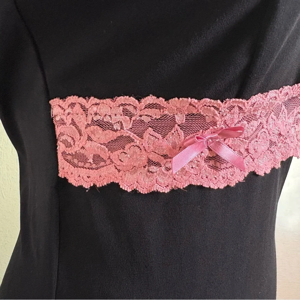 Vintage 90s Y2K Coquette Asymmetrical Babydoll Stretchy  Midi Dress Lace Bow S/M